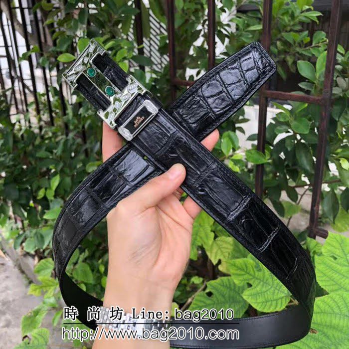 愛馬仕HERMES 純手工無拼接美洲鱷魚肚皮 奢華鑲鑽貓眼石鋼扣高端男士皮帶 HHG1522